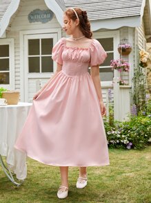 SHEIN Teen Girls Ruched Bust Puff Sleeve Dress Cottagecore Dress - Baby Pink - View 4