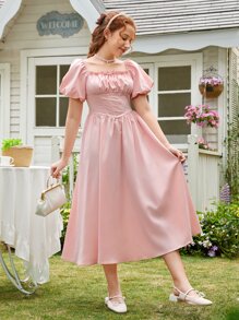 SHEIN Teen Girls Ruched Bust Puff Sleeve Dress Cottagecore Dress - Baby Pink - View 5