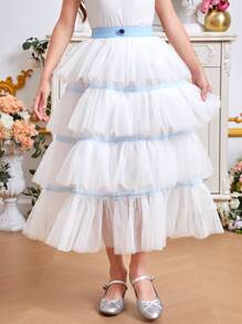 SHEIN Chicas Falda ribete con fruncido bajo a capas de malla - Blanco - Ver 1