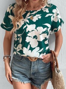 SHEIN VCAY 印花蝙蝠袖襯衫 - 綠色 - 查看 1