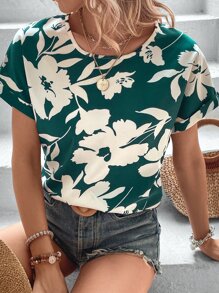 SHEIN VCAY 印花蝙蝠袖襯衫 - 綠色 - 查看 4