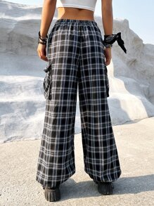 SHEIN Coolane 西部風格牛仔女孩格紋印花側翻蓋口袋工裝褲