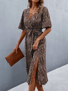 SHEIN Clasi 滿版印花蝴蝶袖繫腰帶連衣裙 - 彩色 - 查看 5