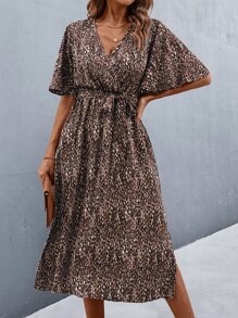 SHEIN Clasi 滿版印花蝴蝶袖繫腰帶連衣裙 - 彩色 - 查看 6