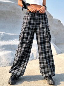 SHEIN Coolane 西部風格牛仔女孩格紋印花側翻蓋口袋工裝褲