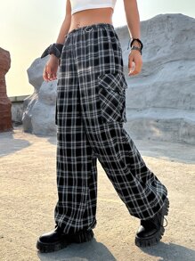 SHEIN Coolane 西部風格牛仔女孩格紋印花側翻蓋口袋工裝褲