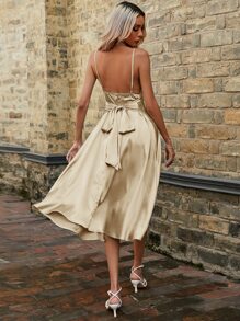 SHEIN Privé Solid Tie Backless Satin Cami Dress - Gold - View 2