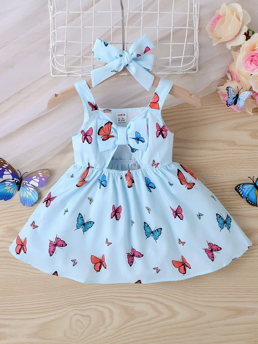 Baby Girl Butterfly Print Cut Out Cami Dress & Accessory Headband