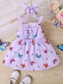 嬰兒蝴蝶圖案鏤空吊帶連衣裙和配件髮箍 - 淡紫色 - 查看 1