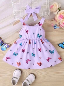 嬰兒蝴蝶圖案鏤空吊帶連衣裙和配件髮箍 - 淡紫色 - 查看 2