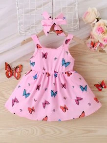 Baby Girl Butterfly Print Cut Out Cami Dress & Accessory Headband - Baby Pink - View 2