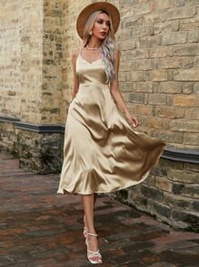 SHEIN Privé Solid Tie Backless Satin Cami Dress - Gold - View 4