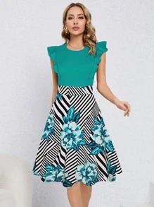 HOMEYEE Striped & Floral Print Ruffle Trim Dress - Multicolor - View 1