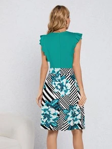 HOMEYEE Striped & Floral Print Ruffle Trim Dress - Multicolor - View 2