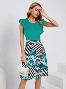 HOMEYEE Striped & Floral Print Ruffle Trim Dress - Multicolor - View 3