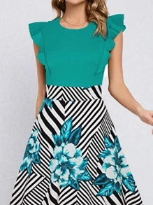 HOMEYEE Striped & Floral Print Ruffle Trim Dress - Multicolor - View 4