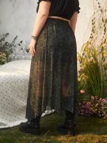ROMWE Hippie Plus Floral Print Split Thigh Skirt - Army Green - View 2
