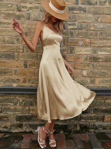 SHEIN Privé Solid Tie Backless Satin Cami Dress - Gold - View 5