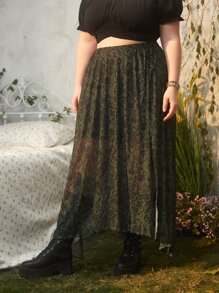 ROMWE Hippie Plus Floral Print Split Thigh Skirt - Army Green - View 3