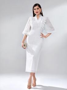 Modelyn Lantern Sleeve Ruffle Trim Split Back Dress