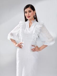 Modelyn Lantern Sleeve Ruffle Trim Split Back Dress