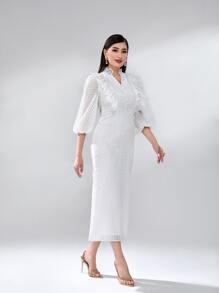 Modelyn Lantern Sleeve Ruffle Trim Split Back Dress