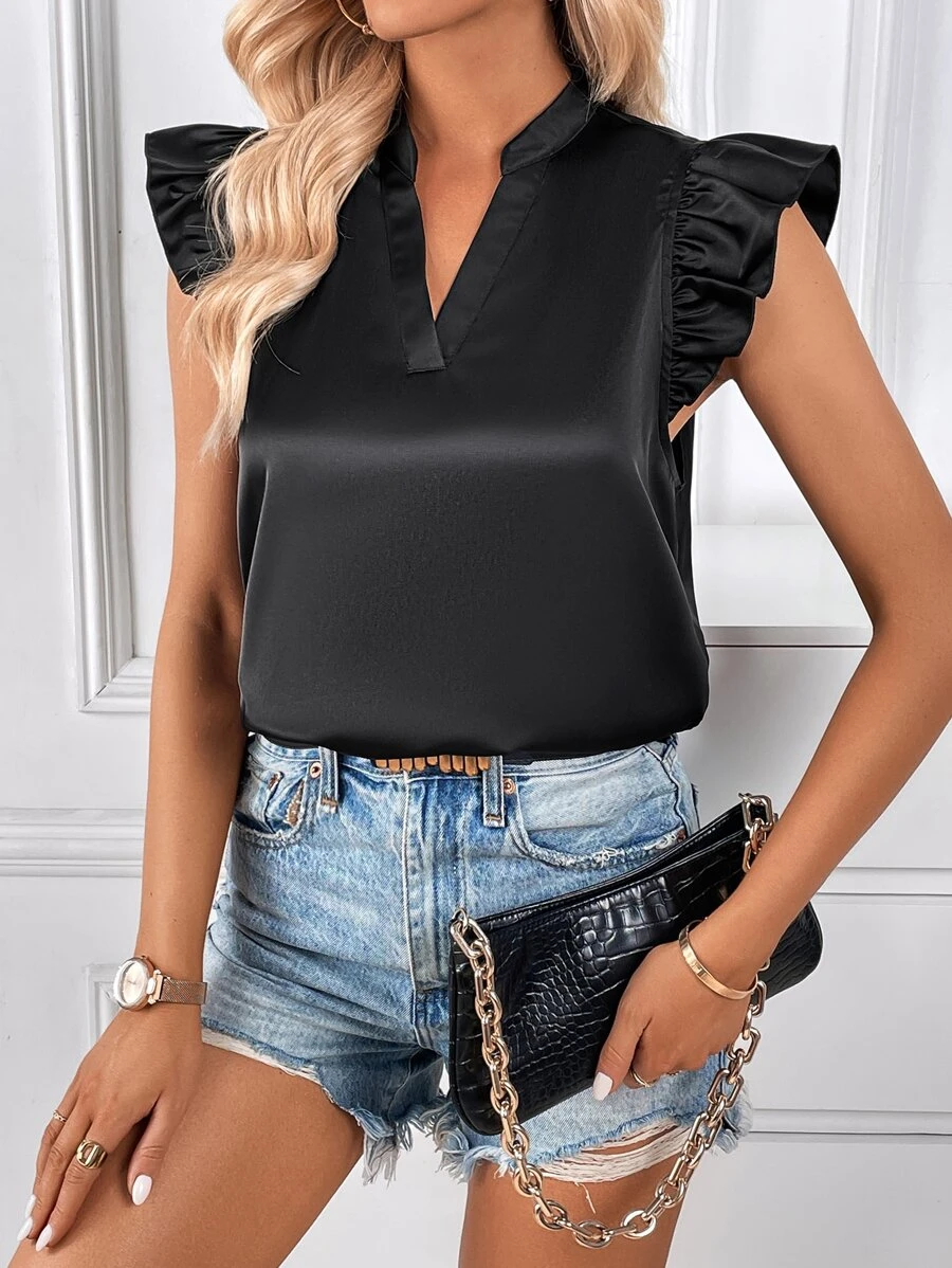 SHEIN Privé Notched Neckline Ruffle Trim Satin Blouse - Black - View 1