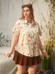 ROMWE Fairycore Plus Mushroom Print Button Front Shirt - Multicolor - View 1