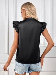 SHEIN Privé Notched Neckline Ruffle Trim Satin Blouse - Black - View 2