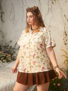 ROMWE Fairycore Plus Mushroom Print Button Front Shirt - Multicolor - View 6