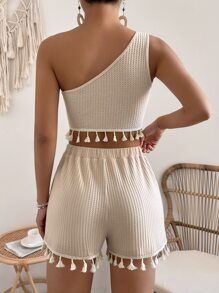 Breezaya One Shoulder Tassel Trim Crop Top & Shorts - Apricot - View 2