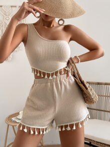 Breezaya One Shoulder Tassel Trim Crop Top & Shorts - Apricot - View 4