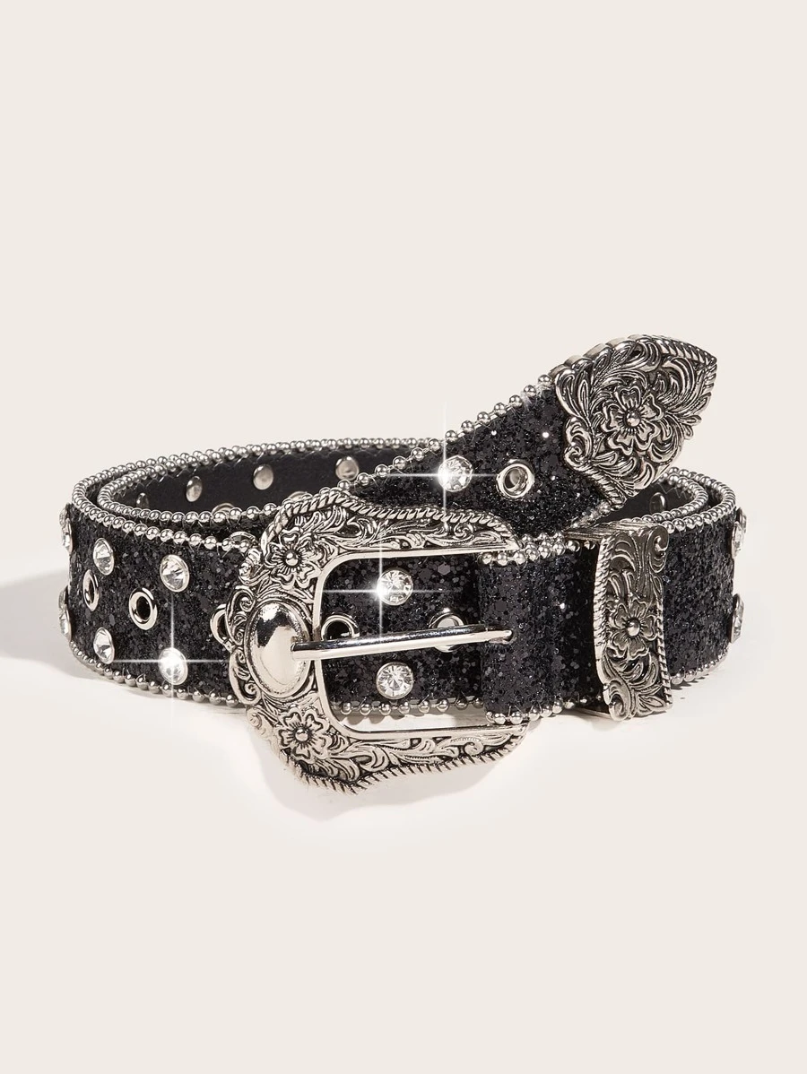 ROMWE Grunge Punk 1pc Women's Heavy Duty Rhinestone Western Style Buckle Y2k Cowgirl Belt, Suitable For Daily, Party And Gathering Use Street Halloween Summer, School Fall, Autumn, Halloween - Black - View 1