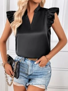SHEIN Privé Notched Neckline Ruffle Trim Satin Blouse - Black - View 4