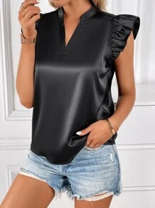 SHEIN Privé Notched Neckline Ruffle Trim Satin Blouse - Black - View 5