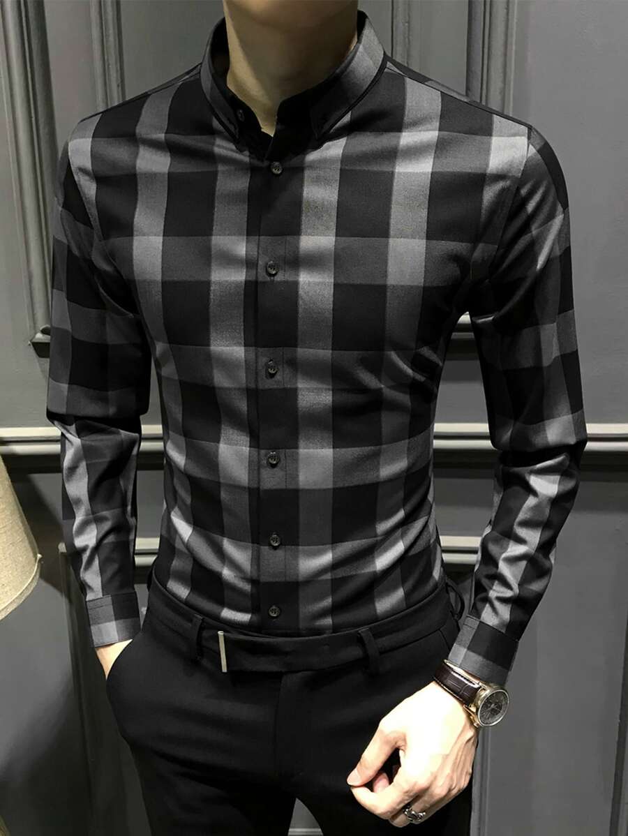 Manfinity Homme Camisa a cuadros para hombre con botones, manga larga, ajuste delgado, gráficos de vestir para el trabajo - Multicolor - Ver 1