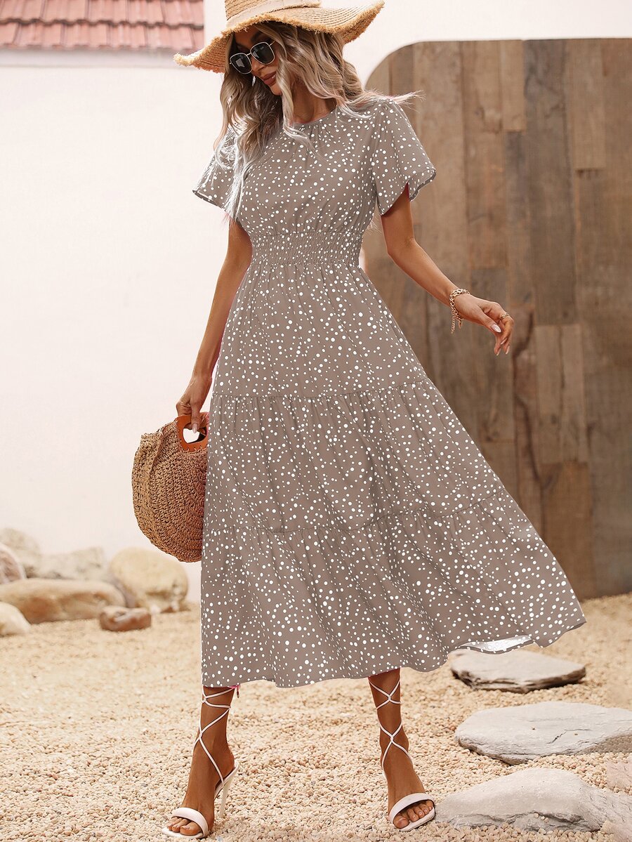 SHEIN VCAY Vestido con estampado de manga mariposa bajo con fruncido - Caqui - Ver 1