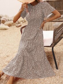 SHEIN VCAY Vestido con estampado de manga mariposa bajo con fruncido - Caqui - Ver 3