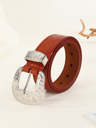 Mujer 1 pieza Cinturón floral grabado con textura con hebilla metálica vaquero