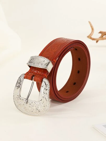 1pc Women Floral Engraved Textured Metal Buckle Cowboy Belt