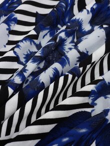 HOMEYEE 大碼條紋圖案和印花前鏤空荷葉邊下擺腰連衣裙 - 藍色 - 查看 6