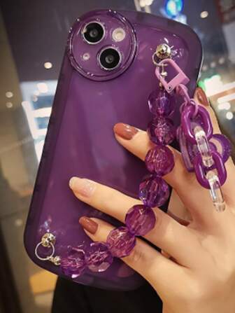 素色手機殼帶愛心裝飾手繩