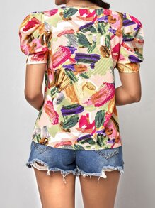 SHEIN Clasi Brush Stroke Print Puff Sleeve Blouse - Multicolor - View 2