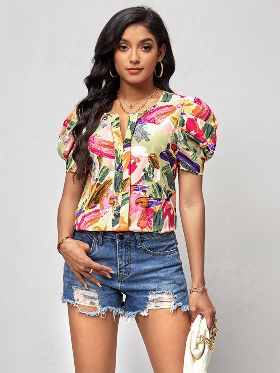 SHEIN Clasi Brush Stroke Print Puff Sleeve Blouse - Multicolor - View 1