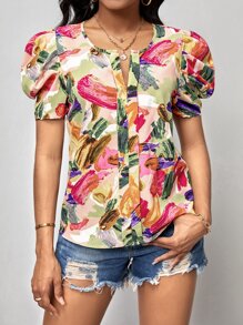 SHEIN Clasi Brush Stroke Print Puff Sleeve Blouse - Multicolor - View 6