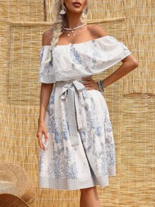 Mulvari Plants Print Off Shoulder Belted Dress - Multicolor - View 1