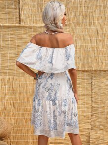 Mulvari Plants Print Off Shoulder Belted Dress - Multicolor - View 2