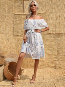 Mulvari Plants Print Off Shoulder Belted Dress - Multicolor - View 6