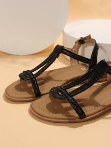 女士露跟優雅黑色平底涼鞋