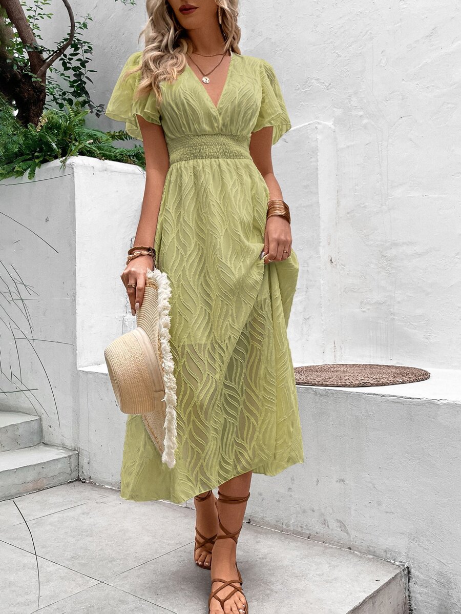 Breezaya Đầm Dải chun màu trơn Boho - màu xanh lá - Xem 1